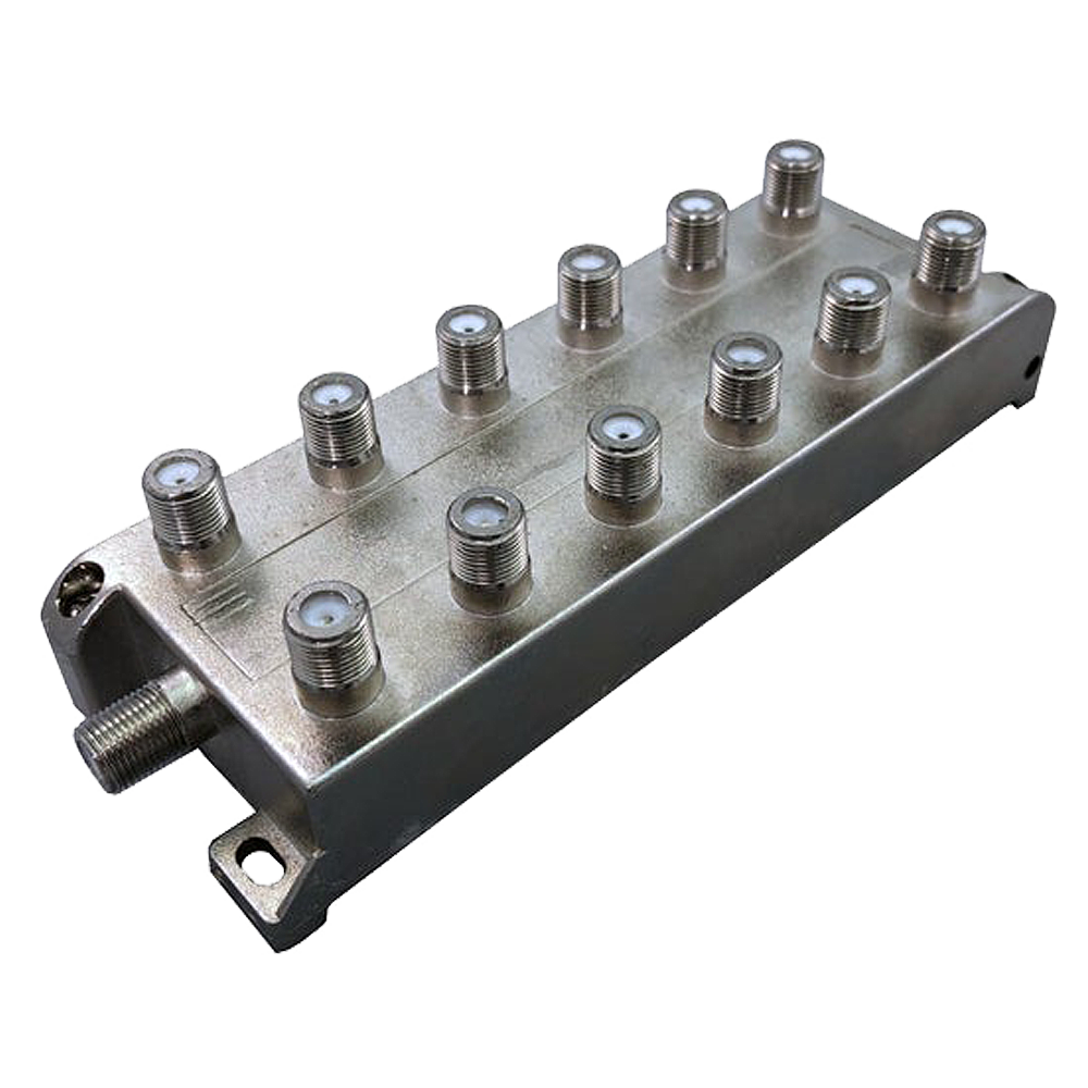 Coax combiner splitter 75 ohm F-type ports detail for HD 4K digital TV distribution