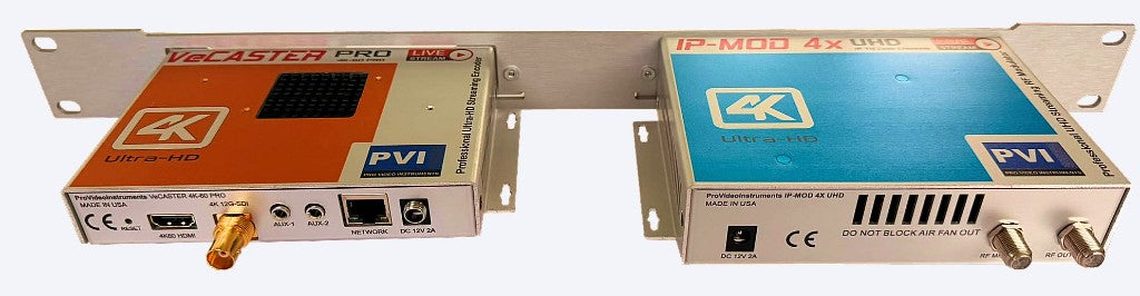 IP-MOD 4X RF modulator rack mounted rear view showing RF outputs and VeCASTER 4K PRO encoder
