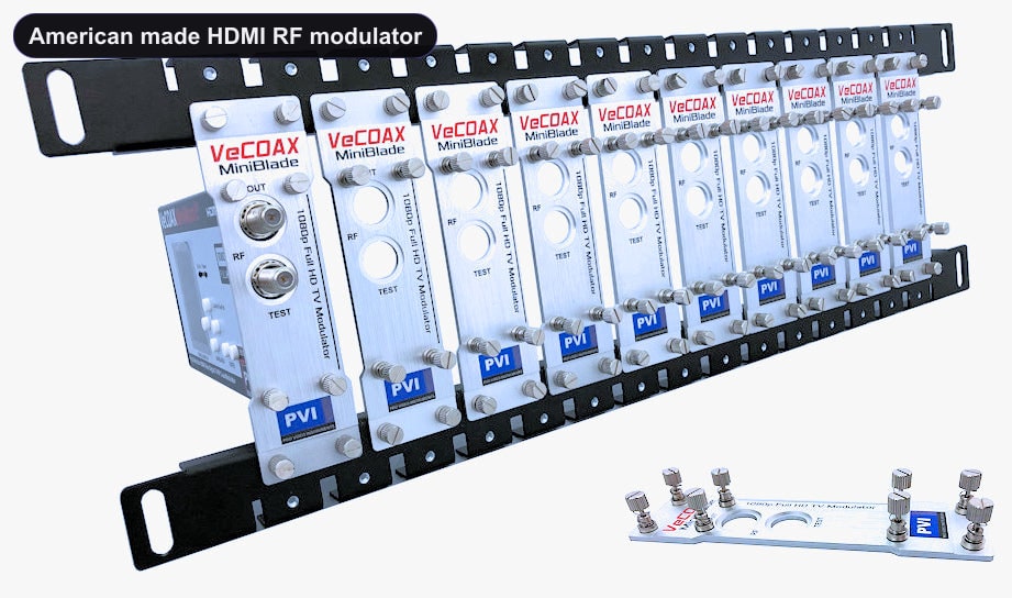 American made HDMI RF modulator blade rack kit mount 10 or more units in single rack space