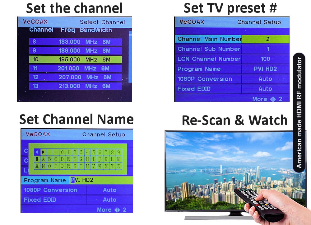 American made HDMI RF modulator easy 3-step setup connect set channel scan and watch
