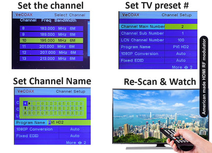 American made HDMI RF modulator easy 3-step setup connect set channel scan and watch