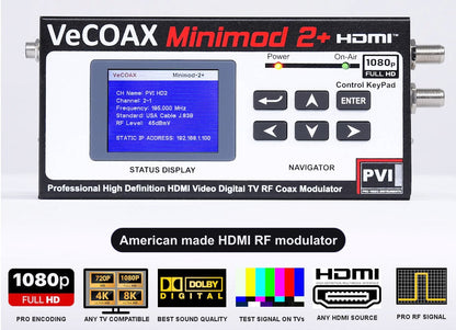 American made HDMI RF modulator VeCOAX MINIMOD 2+ front panel with LCD channel display