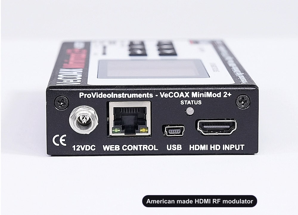 American made HDMI RF modulator rear panel HDMI input and Ethernet web control port