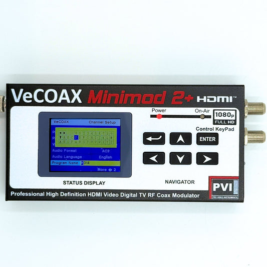 American made HDMI RF modulator VeCOAX MINIMOD 2+ professional front panel with color LCD channel display front view