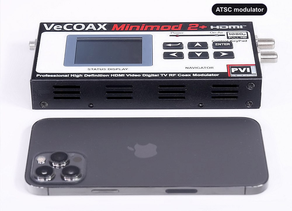 ATSC modulator compact dimensions 7.5 x 4.5 x 1.2 inches