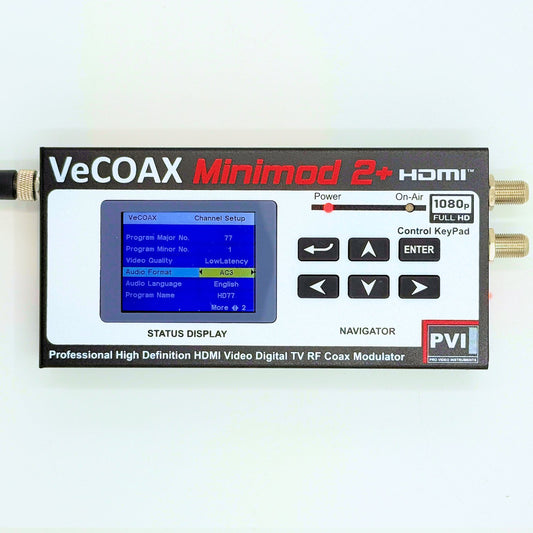 ATSC modulator VeCOAX MINIMOD 2+ professional front panel with color LCD channel display front view