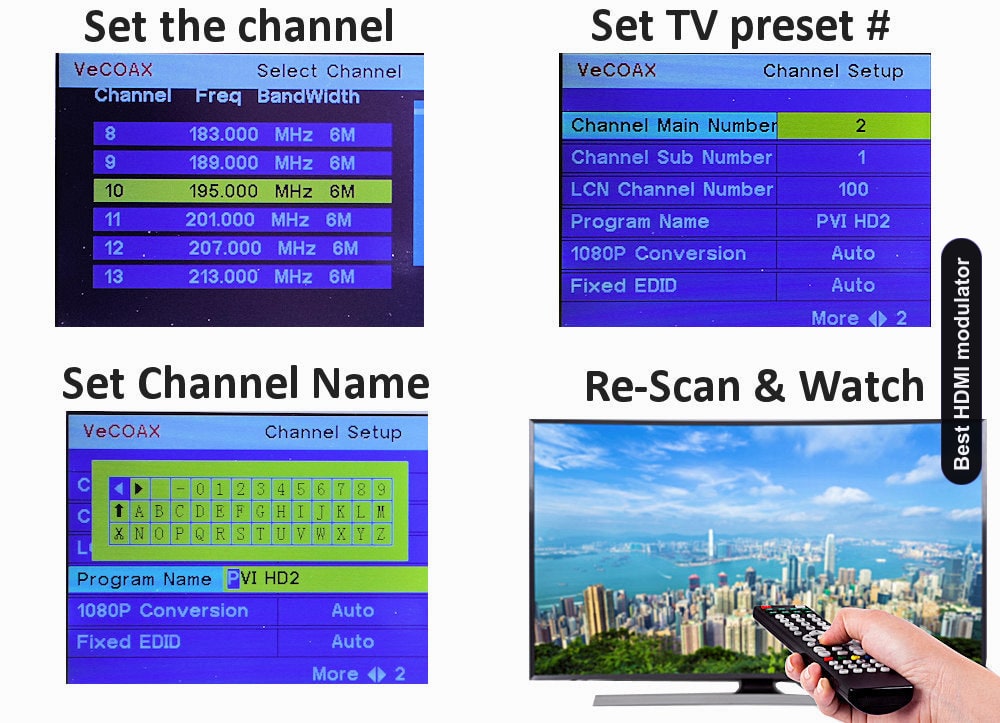 Best HDMI modulator easy 3-step setup connect set channel scan and watch