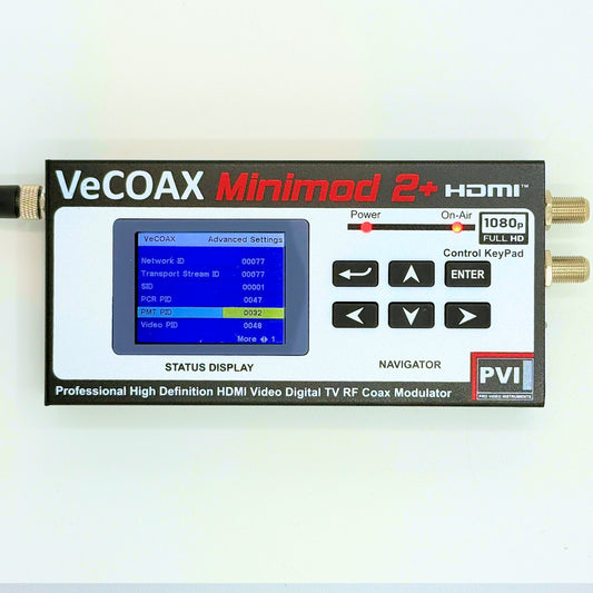 CATV modulator VeCOAX MINIMOD 2+ professional front panel with color LCD channel display front view