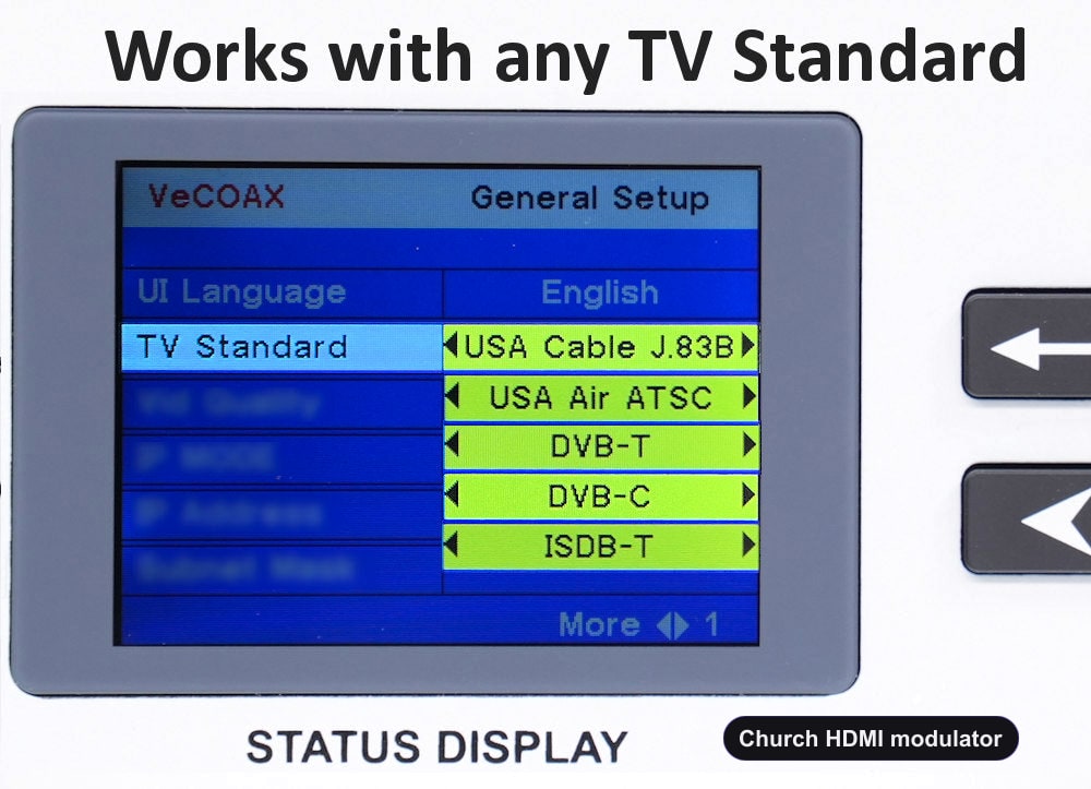 Church HDMI modulator universal TV standards QAM ATSC DVB-T DVB-C ISDB-T
