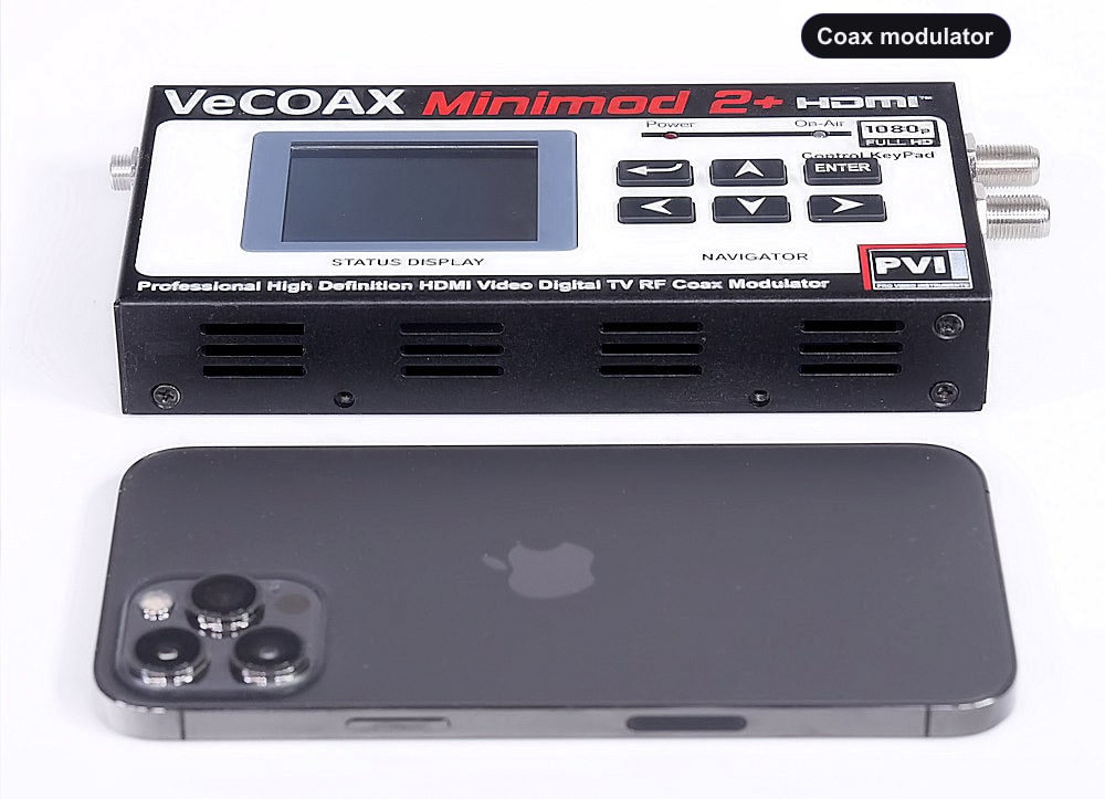 Coax modulator compact dimensions 7.5 x 4.5 x 1.2 inches