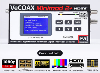 Coax modulator VeCOAX MINIMOD 2+ front panel with LCD channel display