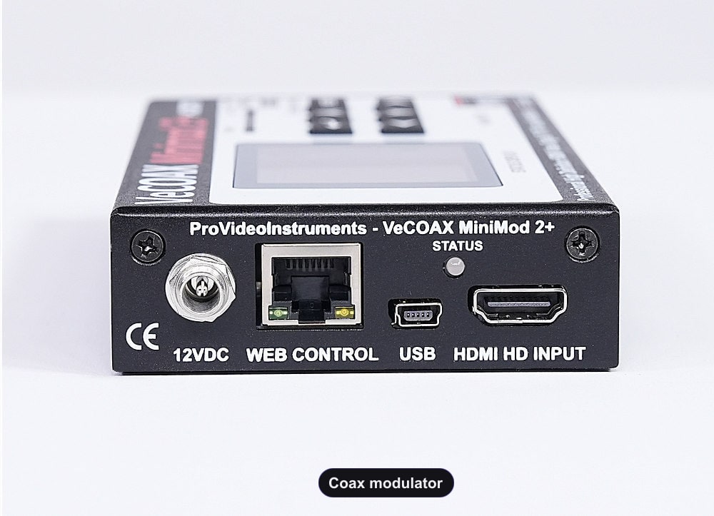 Coax modulator rear panel HDMI input and Ethernet web control port