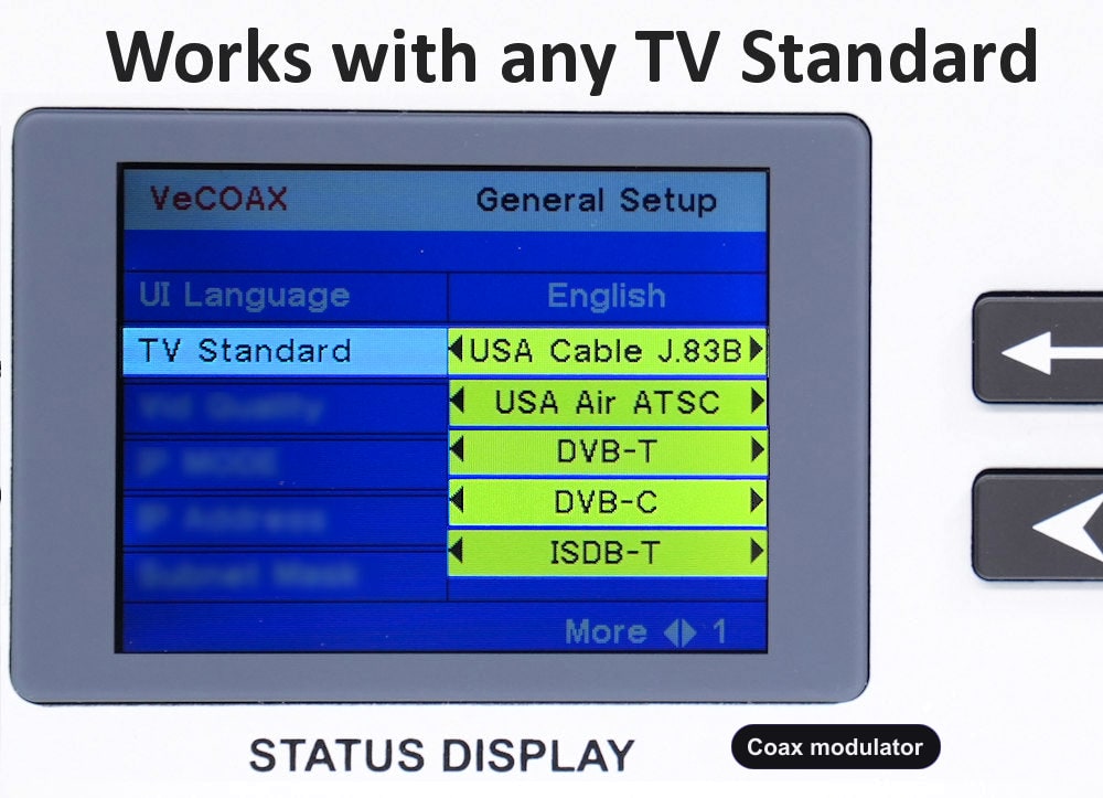 Coax modulator universal TV standards QAM ATSC DVB-T DVB-C ISDB-T