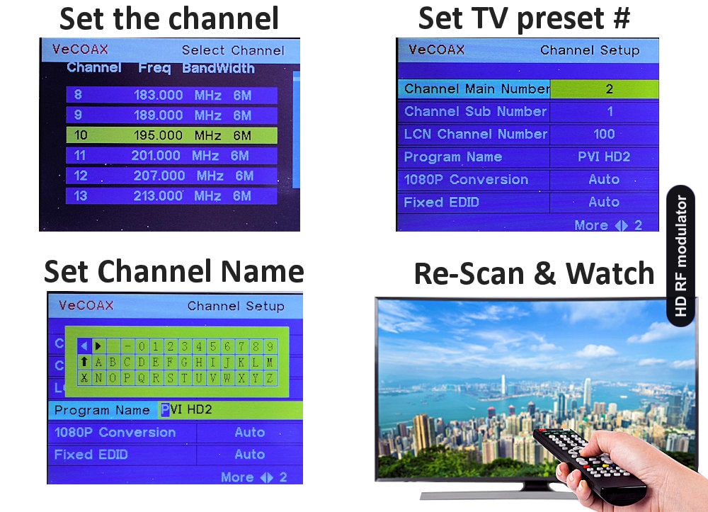 HD RF modulator easy 3-step setup connect set channel scan and watch
