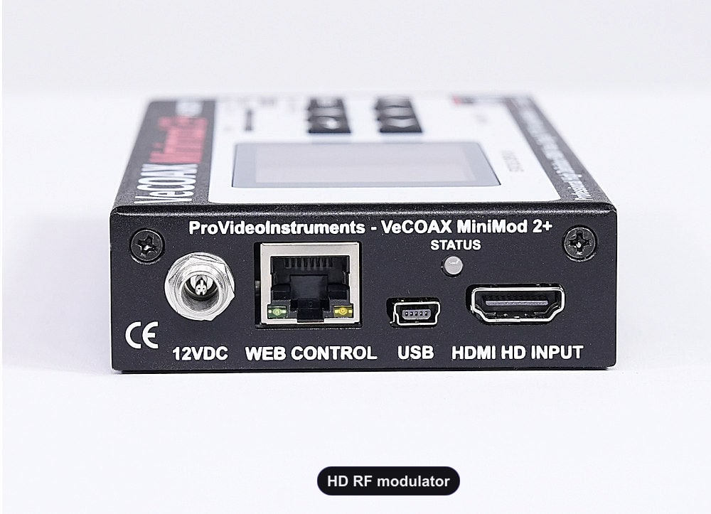 HD RF modulator rear panel HDMI input and Ethernet web control port