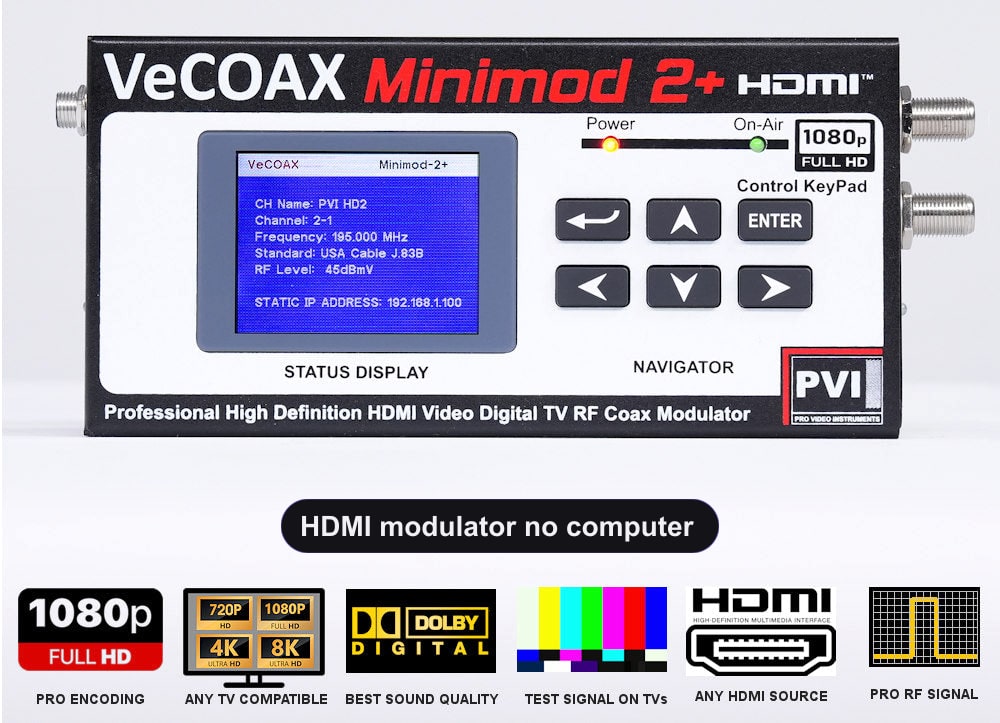 HDMI modulator no computer VeCOAX MINIMOD 2+ front panel with LCD channel display