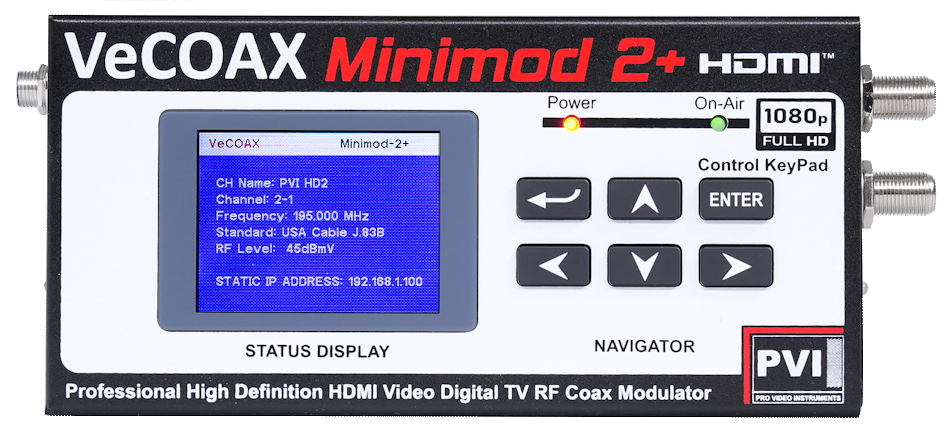 Professional HDMI RF modulator VeCOAX MINIMOD 2+ compact aluminum enclosure with color LCD status display — award-winning hdmi modulator made in USA