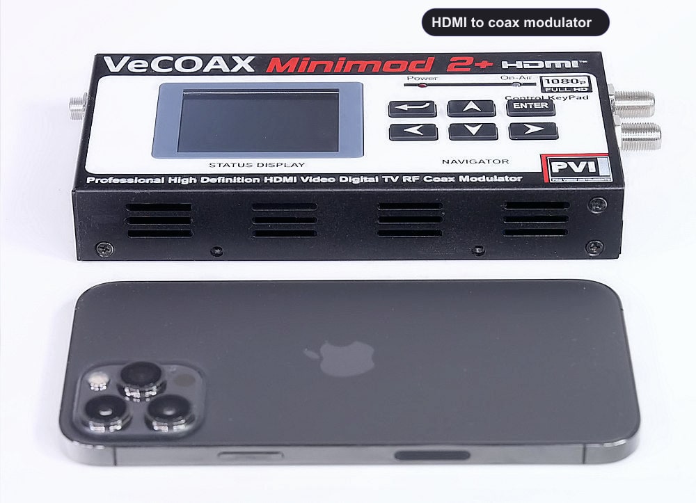 HDMI to coax modulator compact dimensions 7.5 x 4.5 x 1.2 inches