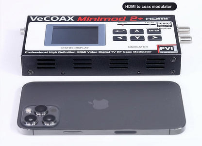 HDMI to coax modulator compact dimensions 7.5 x 4.5 x 1.2 inches