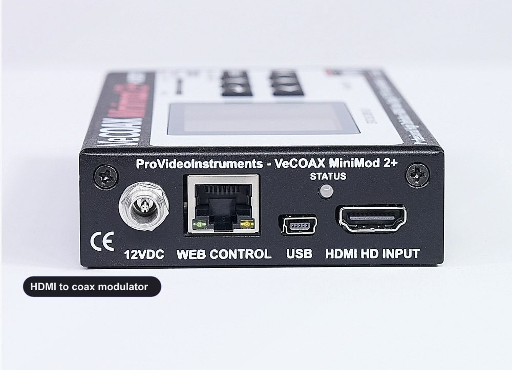 HDMI to coax modulator rear panel HDMI input and Ethernet web control port