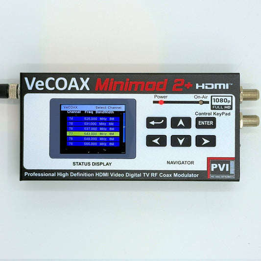 HDMI to RF converter VeCOAX MINIMOD 2+ professional front panel with color LCD channel display front view