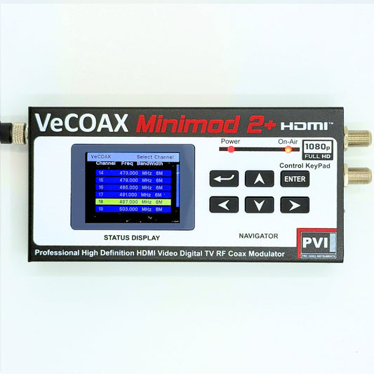 HDTV modulator VeCOAX MINIMOD 2+ professional front panel with color LCD channel display front view