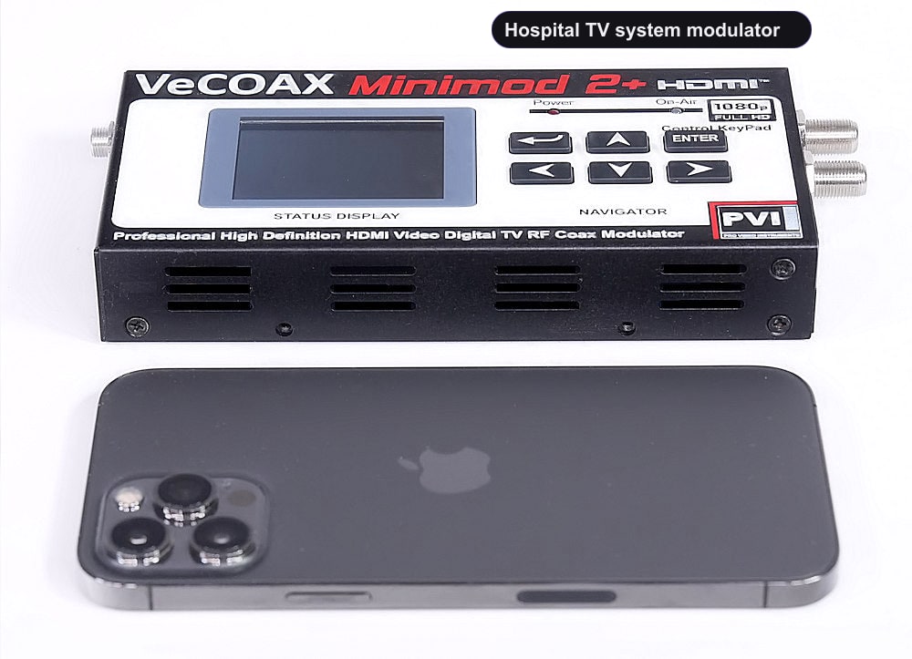 Hospital TV system modulator compact dimensions 7.5 x 4.5 x 1.2 inches