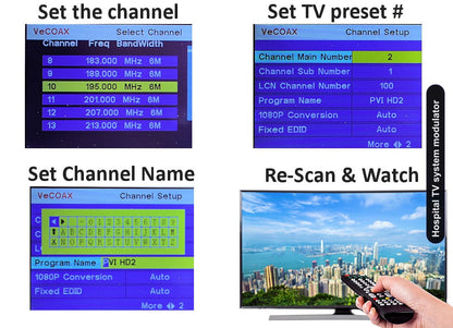 Hospital TV system modulator easy 3-step setup connect set channel scan and watch