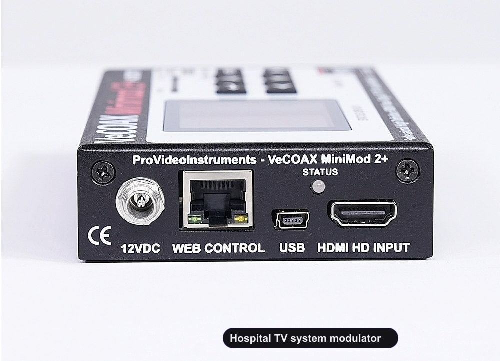Hospital TV system modulator rear panel HDMI input and Ethernet web control port