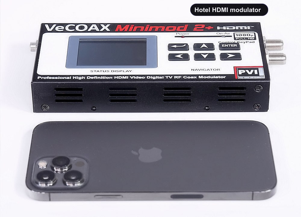 Hotel HDMI modulator compact dimensions 7.5 x 4.5 x 1.2 inches