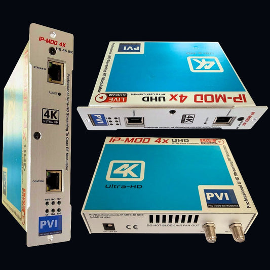 IP-MOD 4X UHD IP streaming to coax RF digital modulator on black background