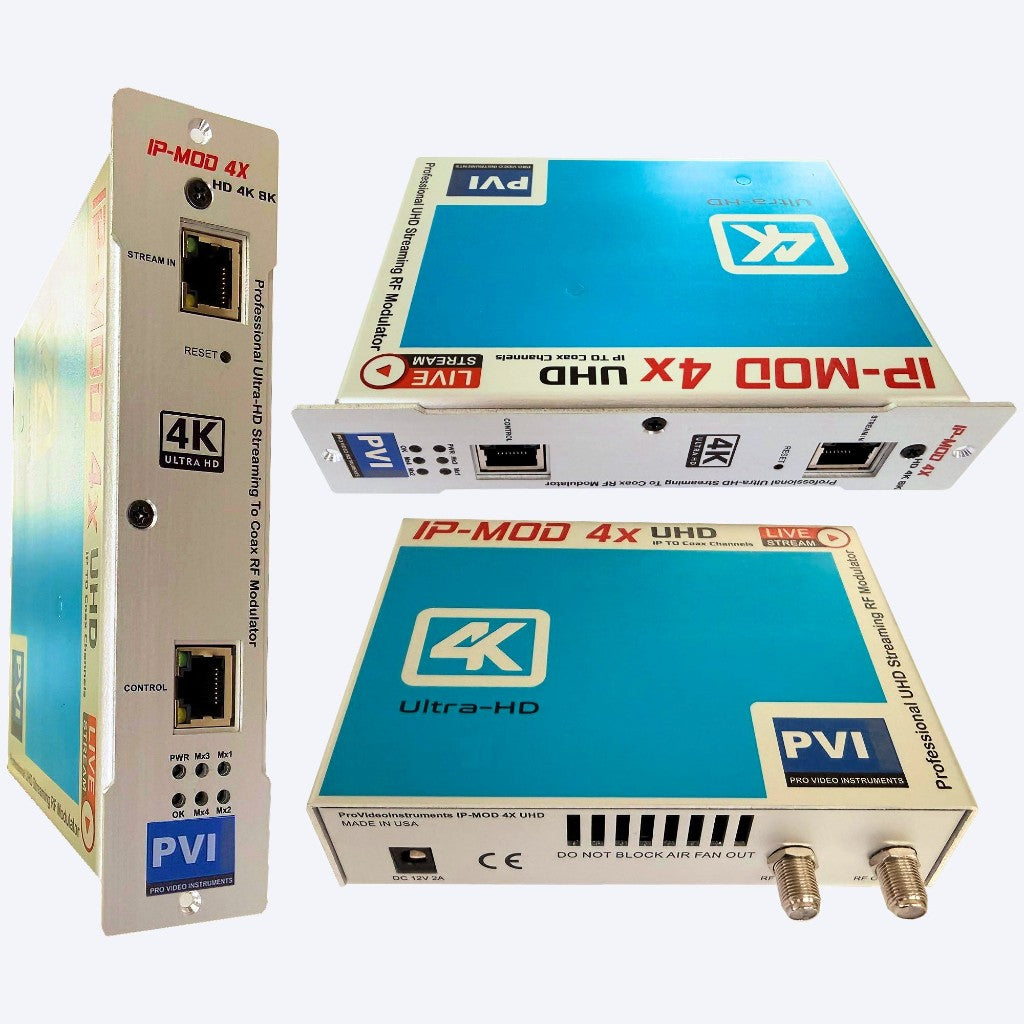 IP-MOD 4X UHD professional IP to coax RF modulator front side and top views
