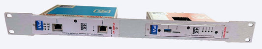 IP-MOD 4X RF modulator rack mounted in 1RU rack plate with VeCASTER encoder front view