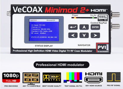 Professional HDMI modulator VeCOAX MINIMOD 2+ front panel with LCD channel display
