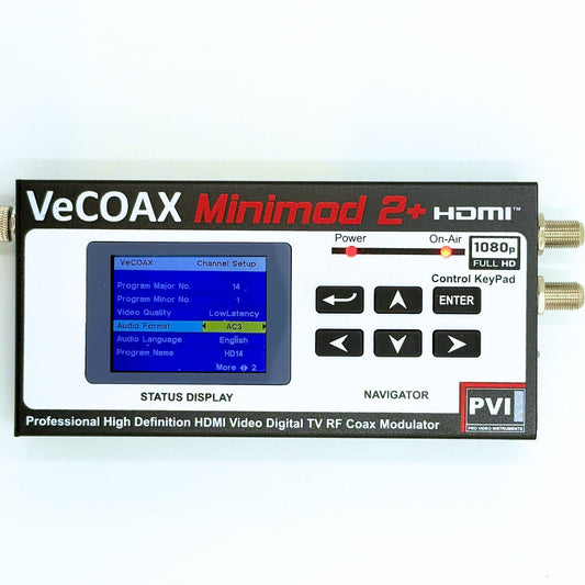 Professional HDMI modulator VeCOAX MINIMOD 2+ professional front panel with color LCD channel display front view