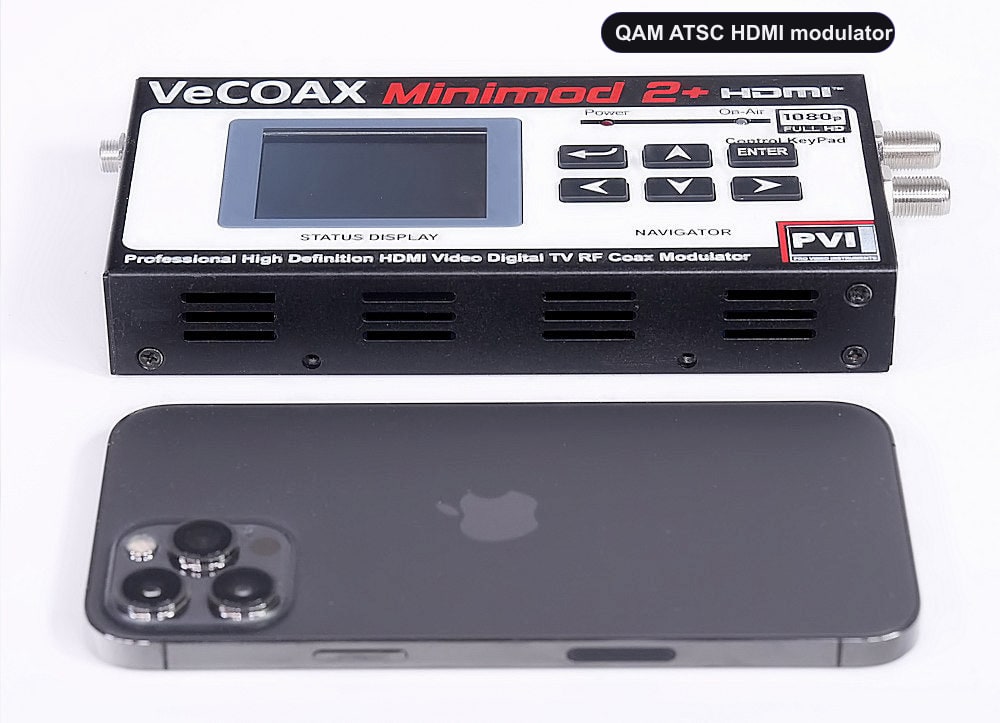 QAM ATSC HDMI modulator compact dimensions 7.5 x 4.5 x 1.2 inches