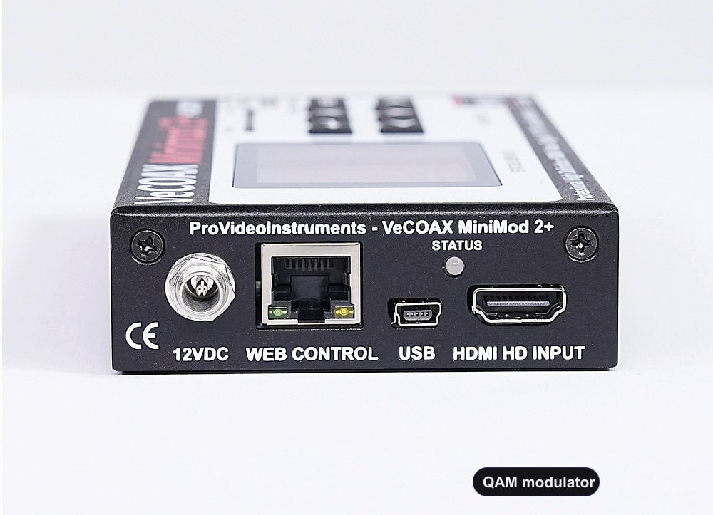 QAM modulator rear panel HDMI input and Ethernet web control port
