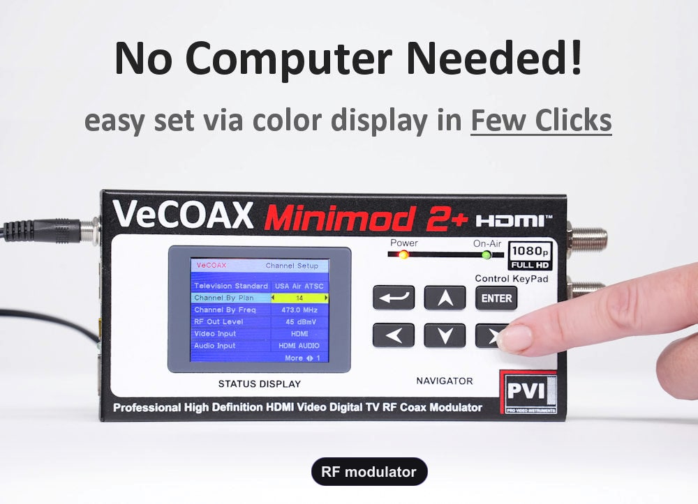 RF modulator built-in LCD display for easy setup without computer
