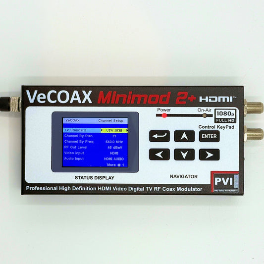 RF modulator VeCOAX MINIMOD 2+ professional front panel with color LCD channel display front view