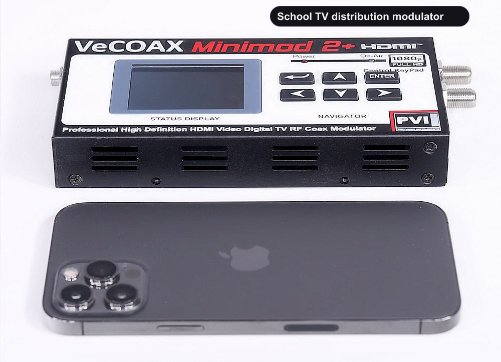 School TV distribution modulator compact dimensions 7.5 x 4.5 x 1.2 inches