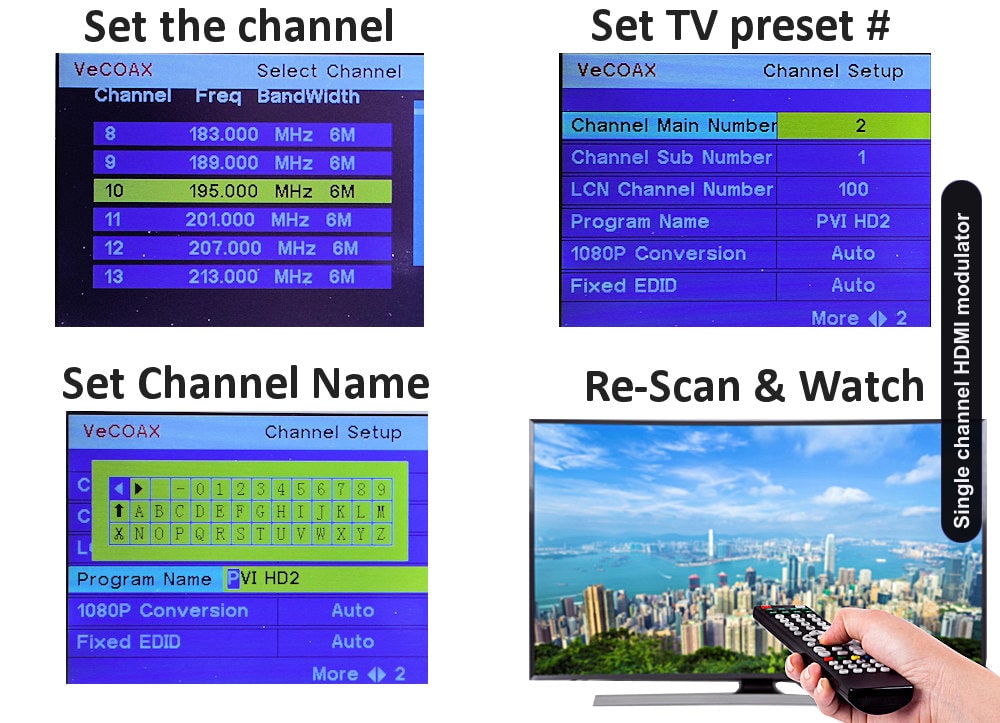 Single channel HDMI modulator easy 3-step setup connect set channel scan and watch