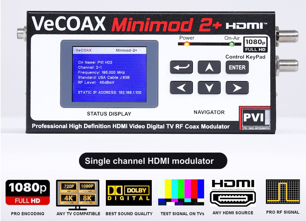 Single channel HDMI modulator VeCOAX MINIMOD 2+ front panel with LCD channel display