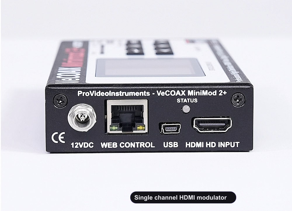 Single channel HDMI modulator rear panel HDMI input and Ethernet web control port