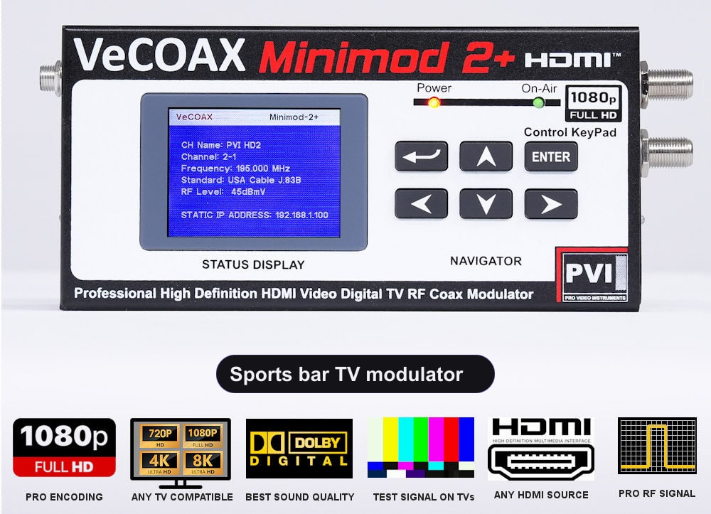 Sports bar TV modulator VeCOAX MINIMOD 2+ front panel with LCD channel display