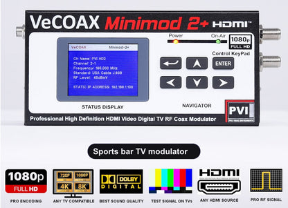 Sports bar TV modulator VeCOAX MINIMOD 2+ front panel with LCD channel display