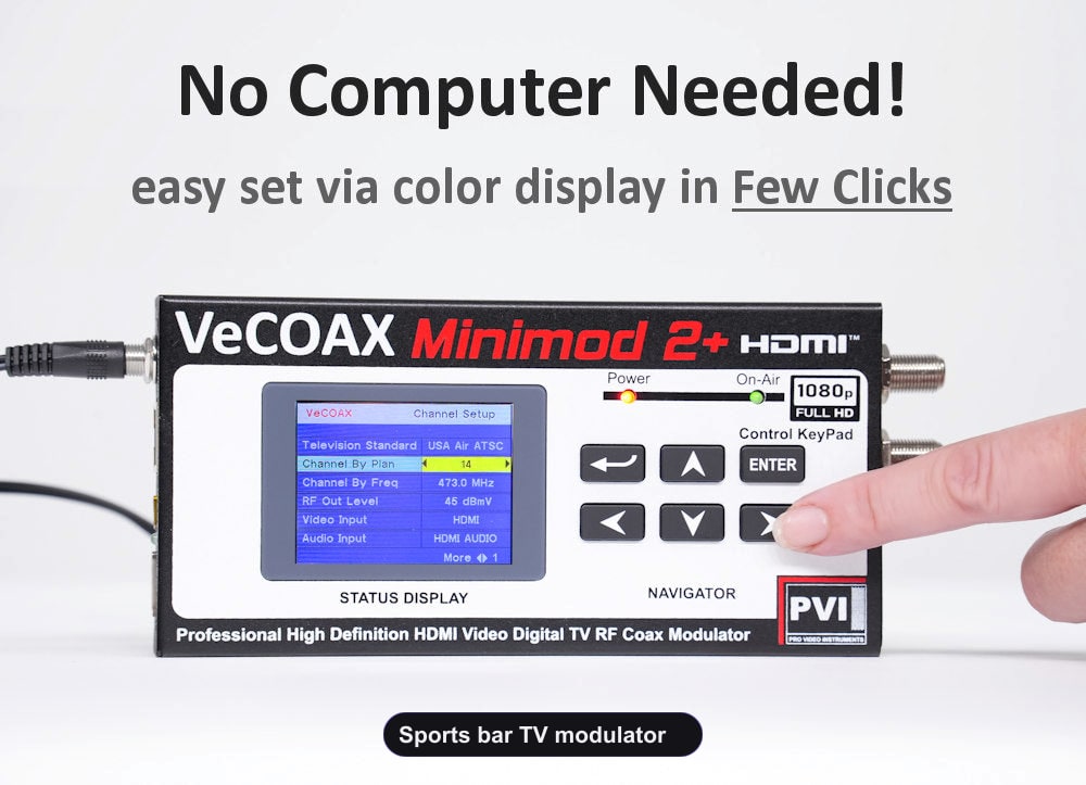 Sports bar TV modulator built-in LCD display for easy setup without computer