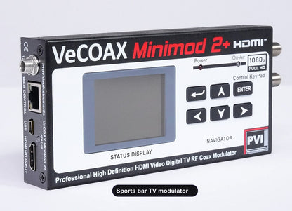 Sports bar TV modulator compact aluminum enclosure left side view
