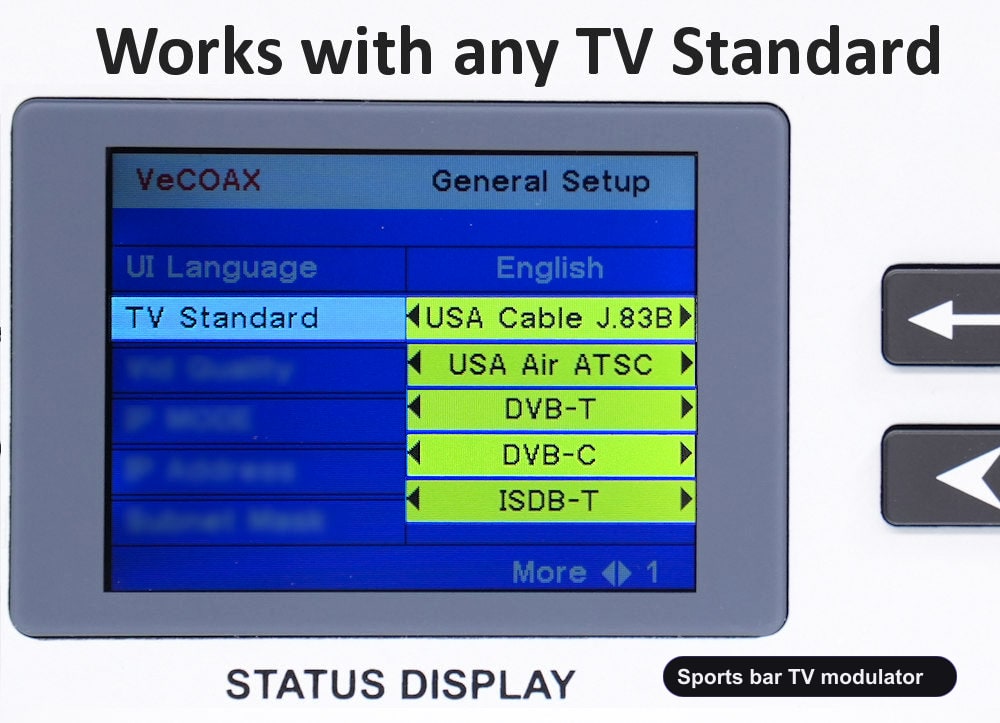 Sports bar TV modulator universal TV standards QAM ATSC DVB-T DVB-C ISDB-T
