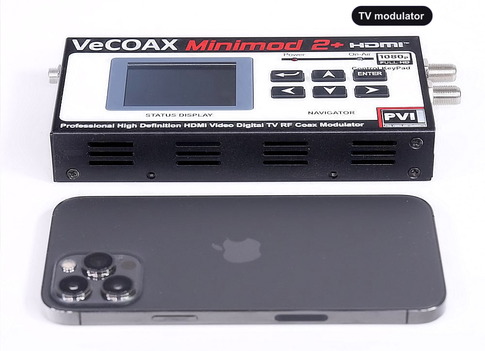 TV modulator compact dimensions 7.5 x 4.5 x 1.2 inches