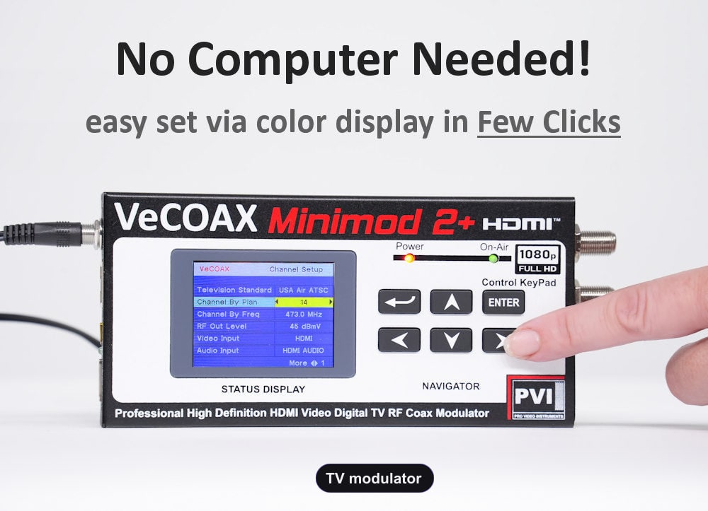 TV modulator built-in LCD display for easy setup without computer